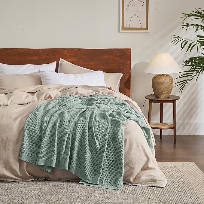 Bedsure 100% Cotton Blanket King Size for Bed - Breathable and Soft, Waffle Weave Blanket for Summer, Thick Cozy Fall Blankets for Women Gift, Sage Green, 104x90 inches-StrideForce Fitness