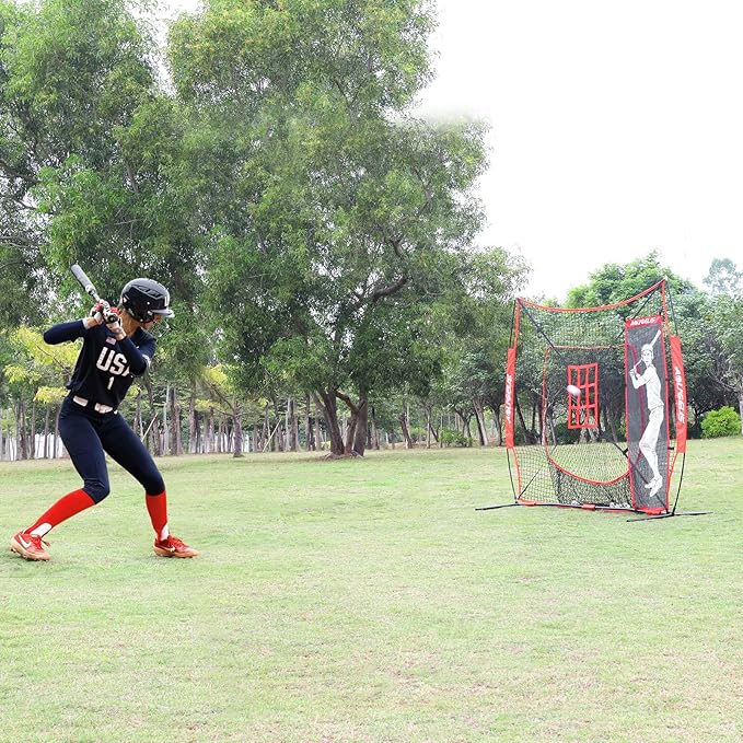 7'X7' Baseball Softball Practice Net,Pitching Net,Batting Net,with Baseball Tee,Bonus Strike Zone and Bow Frame,for Hitting,Pitching, Catching-StrideForce Fitness