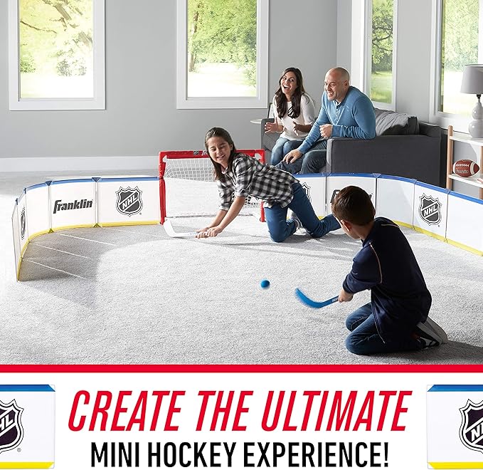 Franklin Sports Mini Hockey Rink Set - Half Rink Knee Hockey Goal, Mini Sticks, and Ball Set - Indoor Mini Hockey Rink - Official NHL Licensed White-StrideForce Fitness