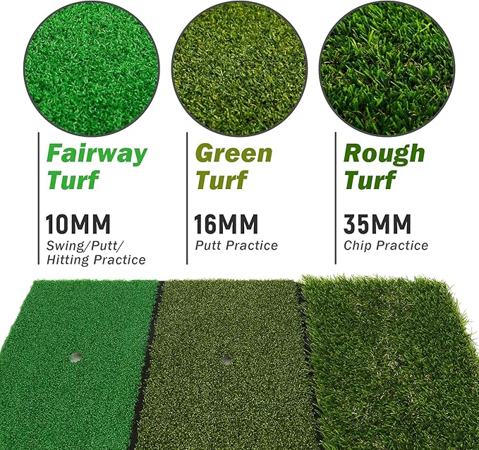 Golf Practice Mat 3-in-1 Turf Golf Hitting Mat for Swing, Putting & Chipping | Portable Golf Training Mat Indoor/Outdoor, Golf Mat with 8 Tees-StrideForce Fitness