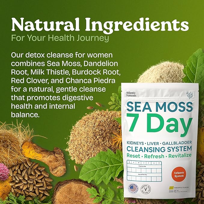 Atlantic Naturals Sea Moss 7 Day Detox Liver, Gallbladder & Kidney Cleanse - Support with Dandelion Root, Milk Thistle, Burdock Root, Red Clover, Chanca Piedra - Pineapple Flavor Drink Mix (14 oz)-StrideForce Fitness