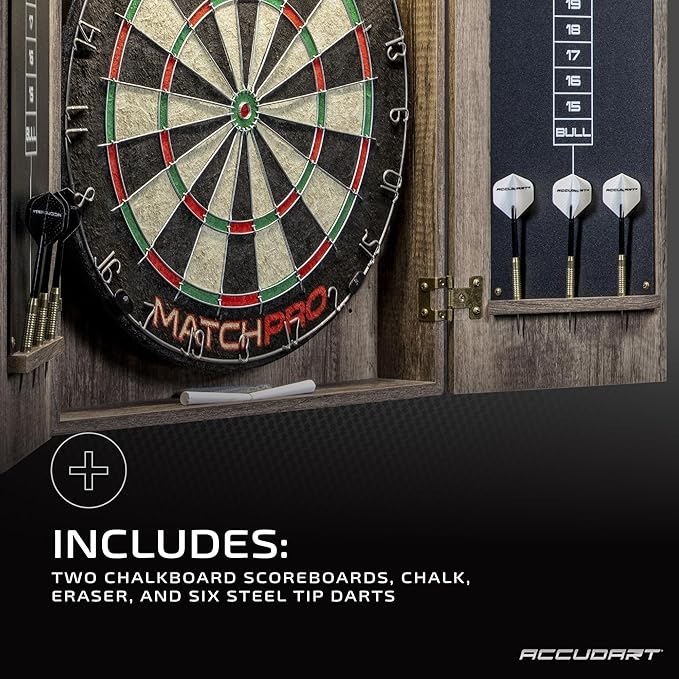 Accudart Match Pro Dartboard Cabinet Set - Official Size - Self Healing Sisal - Modern Style Woodgrain - Two Built-in Dartholders - LED Lighting - Includes Scoreboard, Chalk, Eraser, and Six Darts-StrideForce Fitness