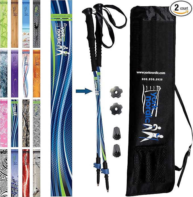 York Nordic Hiking & Walking Poles - Cushion Foam Grips w/Nordic Strap - Lightweight, Adjustable, and Great for Balance -2 Pieces w/Flip Locks, and Travel Bag - Heights 5'4"-6'2"-StrideForce Fitness