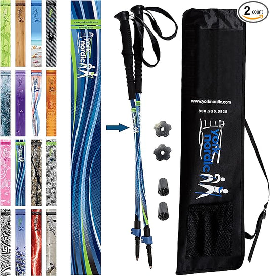 York Nordic Hiking & Walking Poles - Cushion Foam Grips w/Nordic Strap - Lightweight, Adjustable, and Great for Balance -2 Pieces w/Flip Locks, and Travel Bag - Heights 5'4"-6'2"-StrideForce Fitness