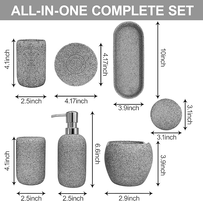 Bathroom Accessory Set, 6PCS Gray Bathroom Accessories - Soap Dish, Lotion Dispenser, Toothbrush Holder, Mouthwash Cup, Tray, Cotton Ball Jar, Aesthetic Decor Bathroom Sets