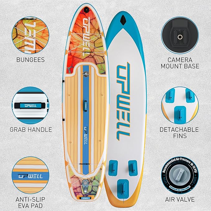 UPWELL 11’6”/11'2”/11'/10'8”/10'6”/10'2” Inflatable Stand Up Paddle Board with sup Accessories Including Backpack, Repairing Kits, Non-Slip Deck, Leash, 3 Fins, Paddle and Hand Pump-StrideForce Fitness