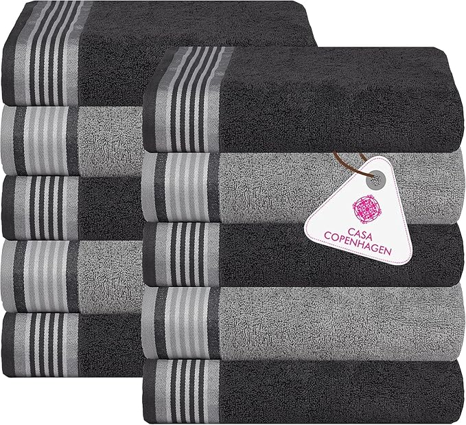 CASA COPENHAGEN® He & She 10 Pieces Hand Towel Set, Granite Grey + Mirage Grey, 550 GSM, 16x28 Inches, Designed in Denmark Super Soft and Absorbent, Egyptian Cotton Towels for Bathroom & Kitchen-StrideForce Fitness