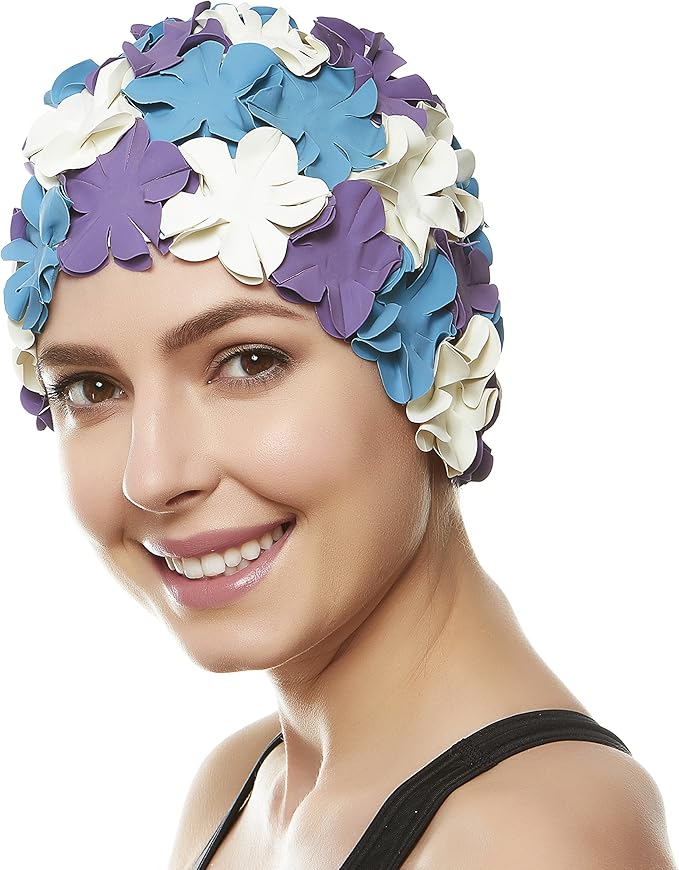BEEMO Floral Petal Ladies Bathing Swim Cap Women Retro Swim Hat Long/Short Hair-StrideForce Fitness