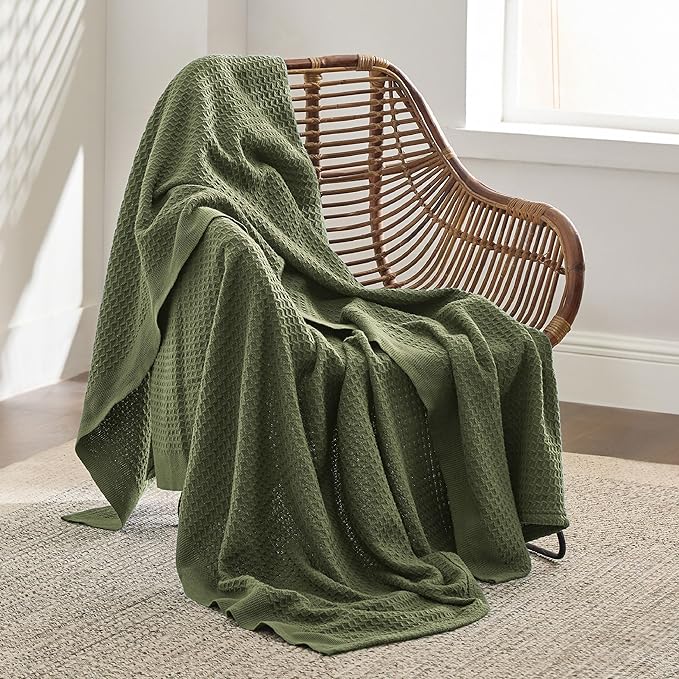 Bedsure 100% Cotton Large Throw Blanket for Couch 50x70 inches - Breathable and Soft, Waffle Weave Throw Blanket for Office, Olive Green-StrideForce Fitness