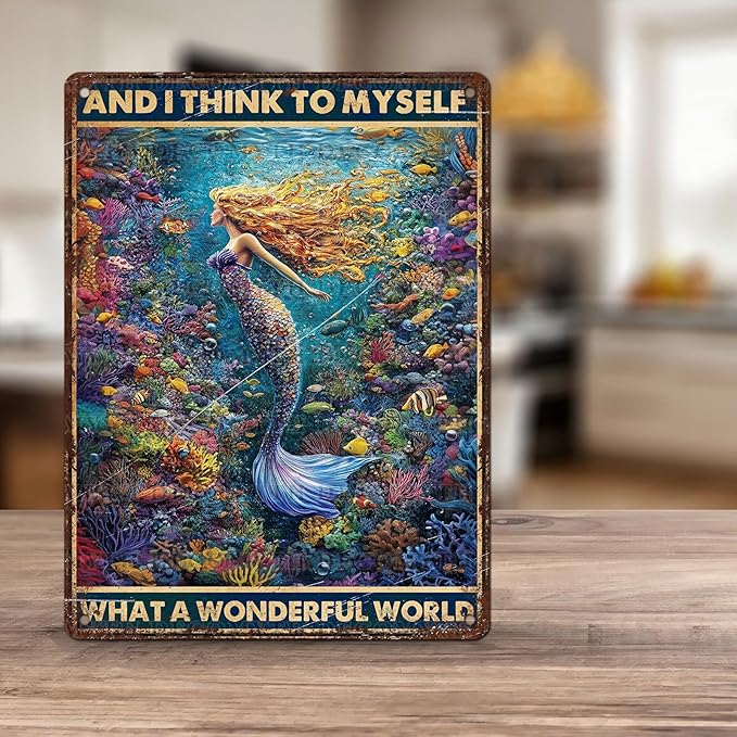 Retro Mermaid Tin Sign And I Think to Myself What a Wonderful World Vintage Metal Poster Funny Wall Art Toilet Bathroom Man Cave Bar Cafe Indoor Room Garage 12 * 16inch-StrideForce Fitness
