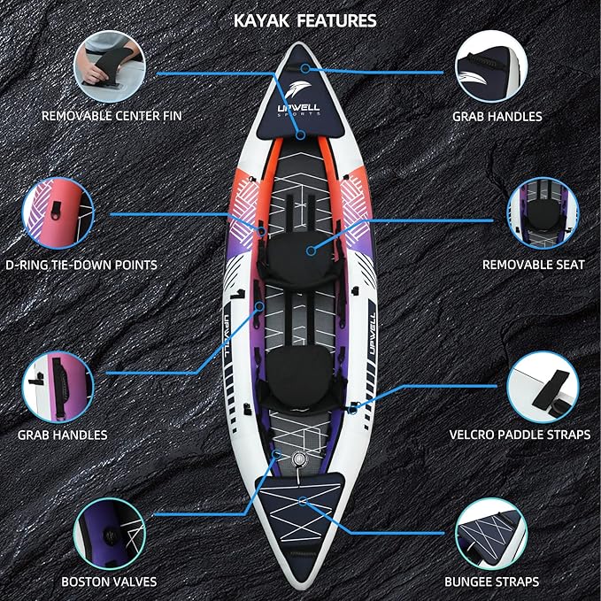 UPWELL 13'6”/11' Inflatable Recreational Kayak - 2 Person with Drop Stitch Floor and Accessories Including Kayak Seats with High Back Support, Paddle, Fin, Repair Kits, Carry Bag and Hand Pump-StrideForce Fitness