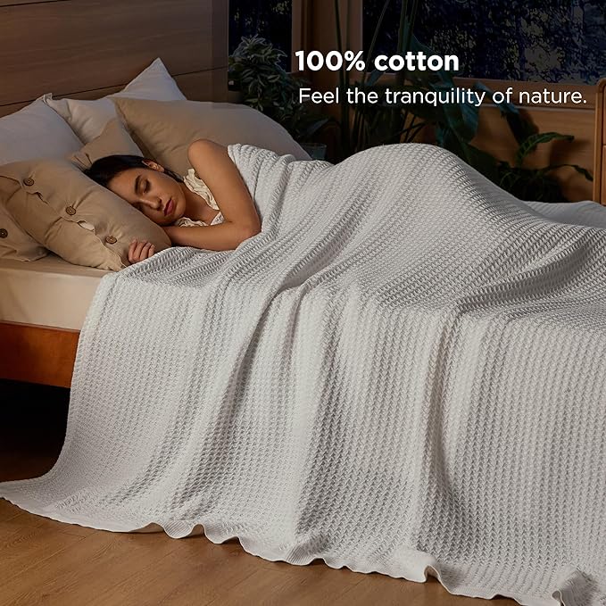 Bedsure 100% Cotton Blanket Queen Size for Bed - Breathable and Soft, Waffle Weave Blanket for Summer, Thick Cozy Fall Blankets for Women Gift, White, 90x90 Inches-StrideForce Fitness