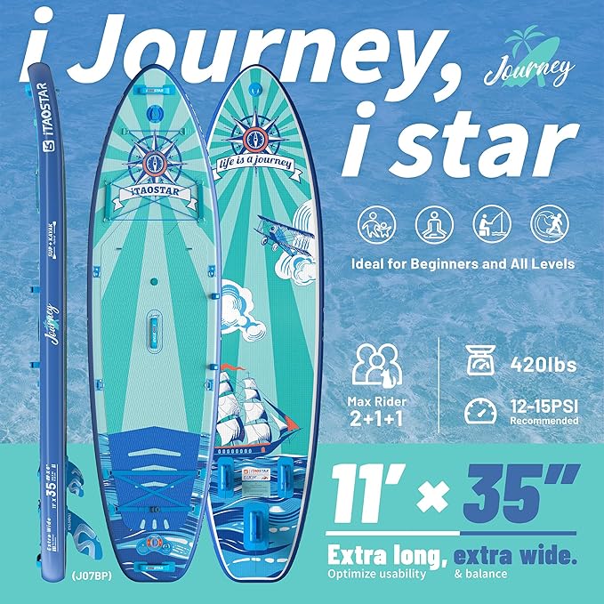 Journey 11'6" / 11'×34" / 11'×35" Extra Wide Paddle Board, One-Stop Premium SUP Board Accessories, Tailored Fins, Stable Inflatable Stand Up Paddle Boards for Youth/Adults of All Skill Levels-StrideForce Fitness