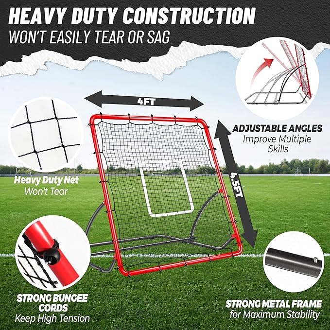 Heavy Duty Baseball Rebounder Net 4x4.5 FT Pitchback with 3 Adjustable Angles, Baseball and Softball Bounce Back Net for Ground, Line Drive, Fly Ball Return Settings Fielding Trainer-StrideForce Fitness