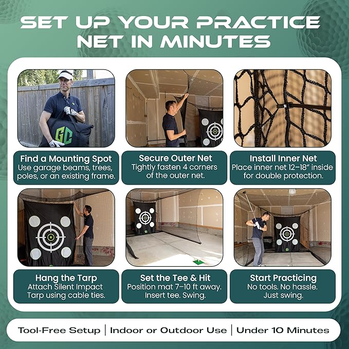 GrdnCare Golf Hitting Net 10x10x10ft – Golf Practice Net with Silent Target Tarp, Mat & Tee with Carry Bag (No Metal Frame) – Indoor Practice for Backyard or Garage & Outdoors-StrideForce Fitness