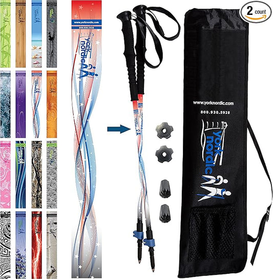 York Nordic Hiking & Walking Poles - Cushion Foam Grips w/Nordic Strap - Lightweight, Adjustable, and Great for Balance -2 Pieces w/Flip Locks, and Travel Bag - Heights 5'4"-6'2"-StrideForce Fitness