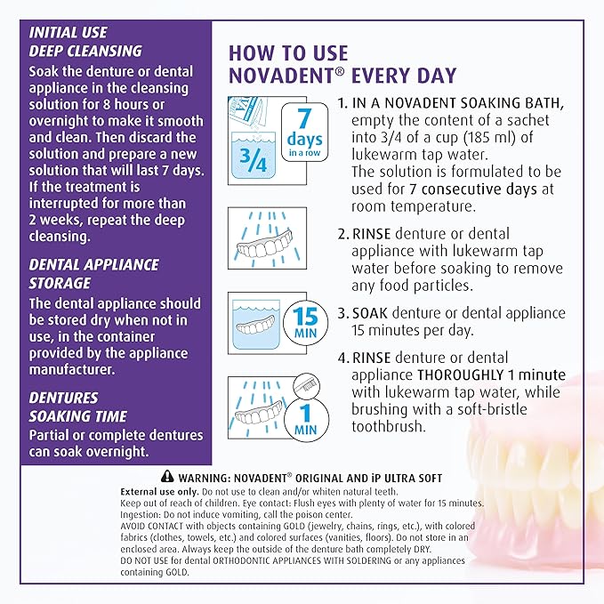 Novadent Dentures Cleaner – for Denture on implants, Denture Soft Liner and Orthodontic Appliance Without Soldering - 3 Months (12 sachets)