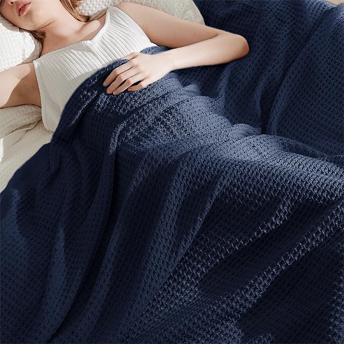 Bedsure 100% Cotton Blanket Twin XL Size for College Dorm - Breathable and Soft, Waffle Weave Twin Blanket for Summer, Dorm Room Essentials, Pageant Blue, 66x90 inches-StrideForce Fitness