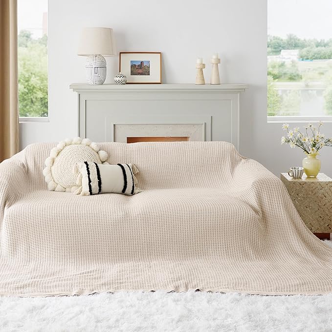 Bedsure 100% Cotton Large Blanket Oversized King for Bed - Breathable Thick Waffle Weave Blanket for Summer, Couch Cover, Khaki (a Little Bit Yellow), 120x94 inches-StrideForce Fitness