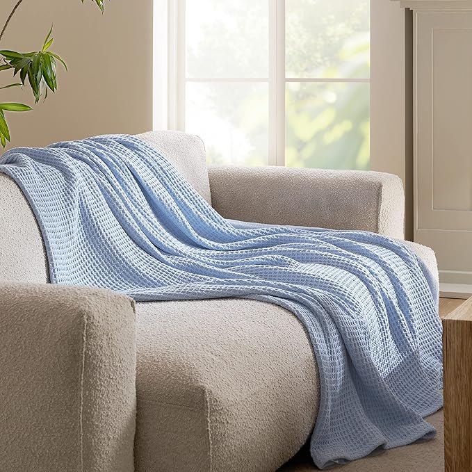 Bedsure 100% Cotton Blanket Twin XL Size for College Dorm - Breathable and Soft, Waffle Weave Twin Blanket for Summer, Dorm Room Essentials, Sky Blue, 66x90 inches-StrideForce Fitness