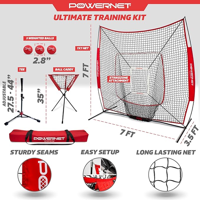 PowerNet Baseball Softball Practice Net 7x7 with Baseball Accessories for Practice Pitching, Batting & Fielding, Ball Caddy, Weighted Baseballs, Tee-StrideForce Fitness
