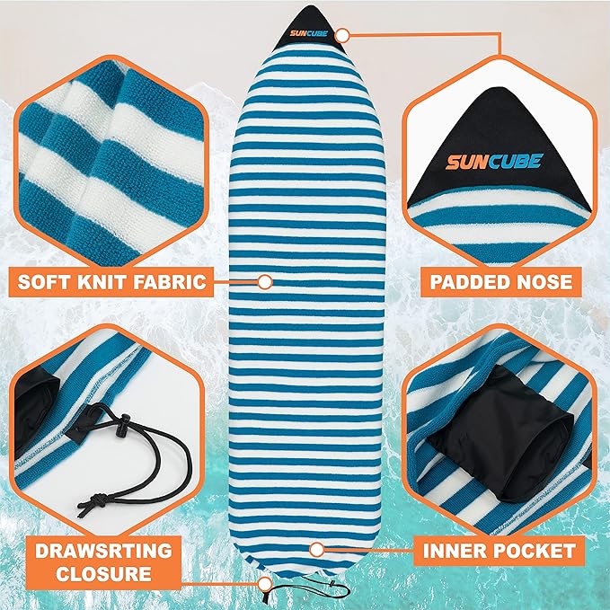 SUN CUBE Surfboard Sock Cover, Protective Surf Bag for Surfing Board, Light Stretchy Surfbag Sleeve for Longboard, Hybrid (8'6'', Black White)-StrideForce Fitness