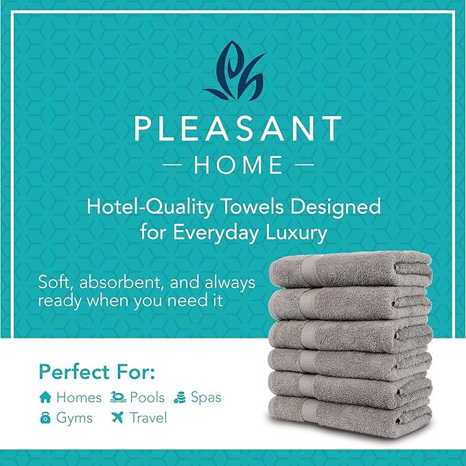 Pleasant Home Bath Towels Set of 6 (24” x 50”) 100% Cotton, 515 GSM | Lightweight, Soft & Absorbent Luxury Towels for Bathroom | for Gym, Pool & Spa | 6 Pack, Gray-StrideForce Fitness