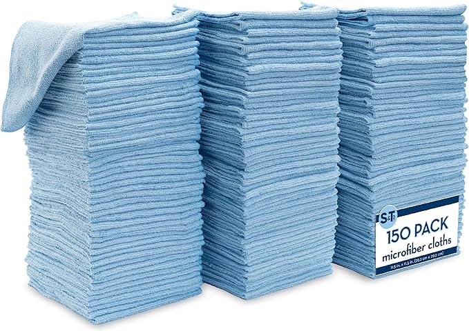 S&T INC. 150 Pack Microfiber Cleaning Cloth, Bulk Towels for Home, Reusable Microfiber Towels for Cars, Cleaning Rags, Light Blue, 11.5 Inches x 11.5 Inches, 150 Count-StrideForce Fitness
