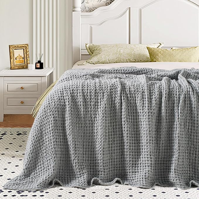 Carriediosa 100% Cotton Waffle Weave Blanket 400GSM Breathable Thermal Blankets for Bed Couch Sofa Soft and Cozy Throws for All Season Home Decor, 50"X 60" Light Grey-StrideForce Fitness