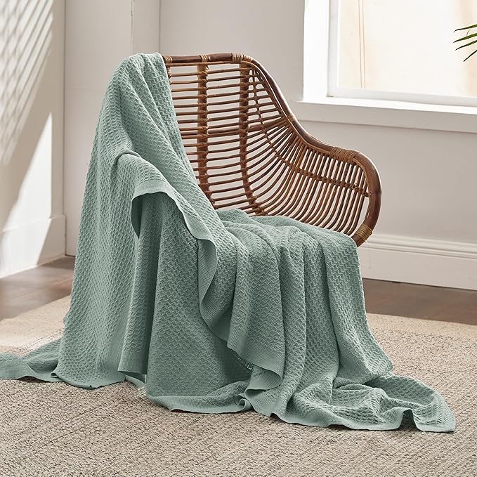 Bedsure 100% Cotton Large Throw Blanket for Couch 50x70 inches - Breathable and Soft, Waffle Weave Throw Blanket for Office, Sage Green-StrideForce Fitness