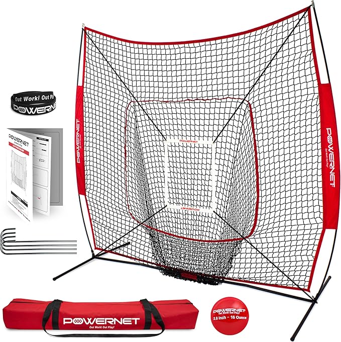 PowerNet Baseball Softball Practice Net 7x7 with Baseball Accessories for Practice Pitching, Batting & Fielding, Ball Caddy, Weighted Baseballs, Tee-StrideForce Fitness