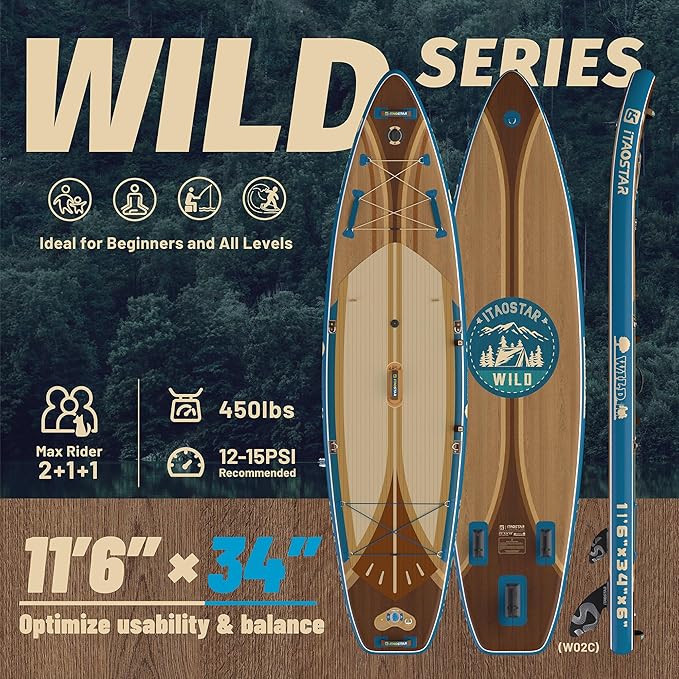Wild 11'×36"/11'6"×34"/12'6"×33" Inflatable Paddle Board with Seat, One-Stop Premium SUP Board Gears, Tailored 5 Fins, Stable Inflatable Stand Up Paddle Boards for Youth/Adults of All Levels-StrideForce Fitness