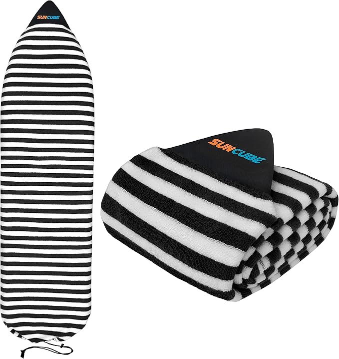 SUN CUBE Surfboard Sock Cover, Protective Surf Bag for Surfing Board, Light Stretchy Surfbag Sleeve for Longboard, Hybrid (8'6'', Black White)-StrideForce Fitness
