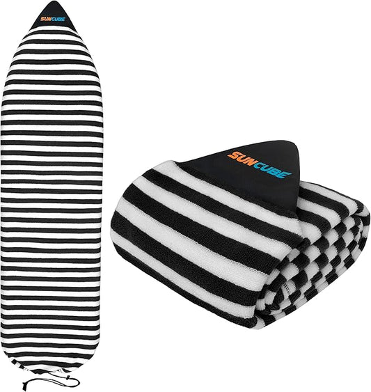 SUN CUBE Surfboard Sock Cover, Protective Surf Bag for Surfing Board, Light Stretchy Surfbag Sleeve for Longboard, Hybrid (8'6'', Black White)-StrideForce Fitness