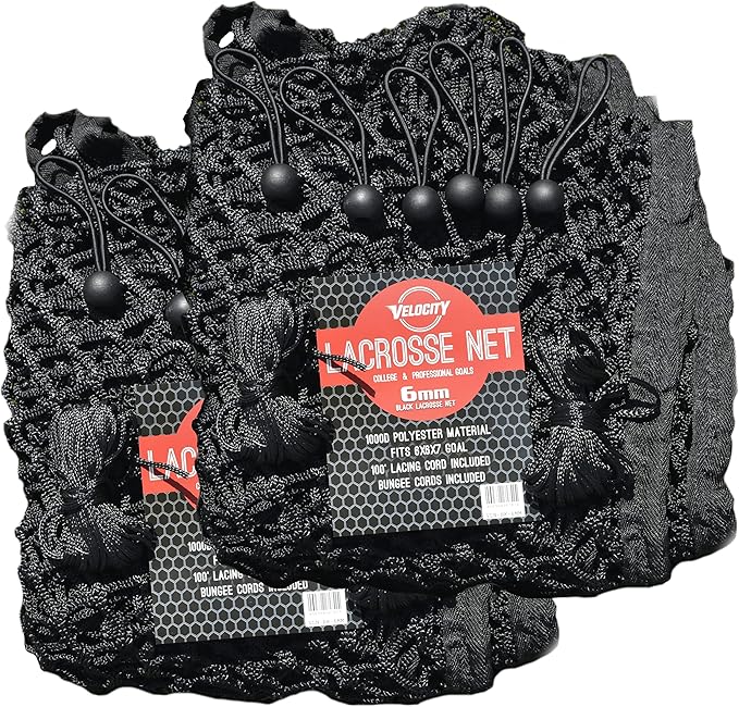Velocity Heavy Duty Black & White Lacrosse Net - Fits 6’x6’x7’ Goals - Weatherproof, UV Resistant 1000D High-Strength Polyester - Comes with 100+ Feet of Lacing Cord and 4 Quick Ties-StrideForce Fitness