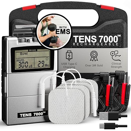 TENS 7000 Rechargeable Tens Unit Muscle Stimulator, EMS Muscle Stimulator, Back Pain Relief, 4 Electrodes/Unit Pads, Period Pain Simulator, Muscle Recovery & Growth, Stim Machine, Electrotherapy-StrideForce Fitness