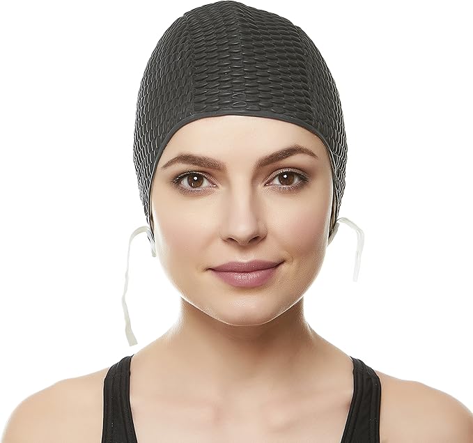 Beemo Swim Cap Women Chin Strap Bubble Crepe Latex Long Short Hair Swimming Caps-StrideForce Fitness