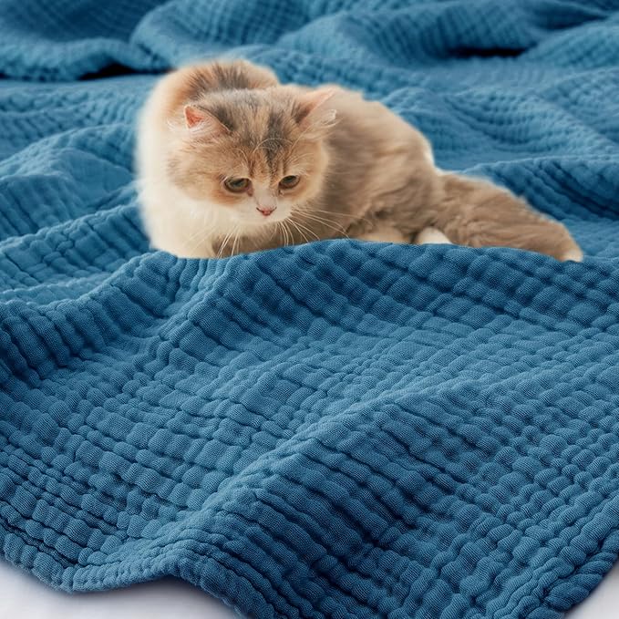 Carriediosa 100% Cotton Muslin Throw Blanket 108" X 90" King Size，4-Layers Summer Gauze Throws for Bed Couch，Soft Lightweight Breathable Linen Blankets Bedspread for Adults All Season，Dusty Blue-StrideForce Fitness