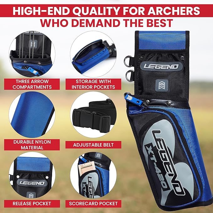 Legend XT420 Field Quiver - Left or Right-Handed Quiver Arrow Holder, Archery Quiver with 3 Arrow Tube, Durable Nylon Hip Quivers with Multiple Pockets for Archery Accessories, Score Card & Tools-StrideForce Fitness