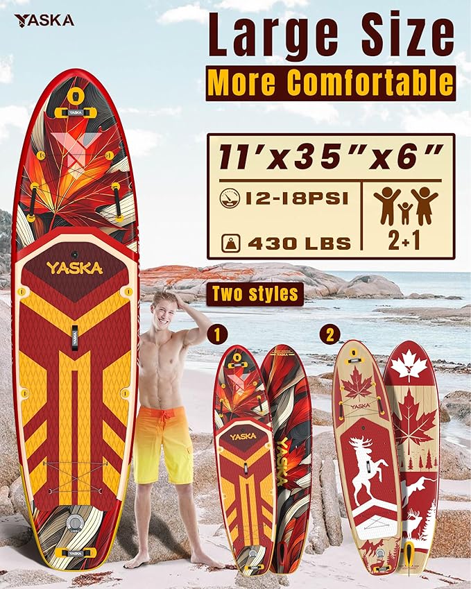 YASKA Inflatable Stand Up Paddle Board - 11ft Extra Wide Paddleboard with Premium SUP Board Accessories,Camera Mount,Non-Slip EVA Deck,5 Handles,Youth/Adult-StrideForce Fitness