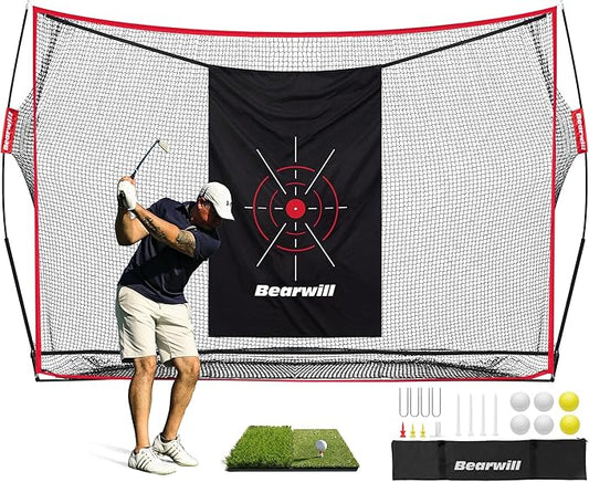 Golf Net, 10x7ft Heavy Duty Golf Practice Nets with Mat, Target Cloth, 8 Tees, 6 Balls, Carry Bag for Backyard Driving Chipping Indoor Outdoor Training-StrideForce Fitness
