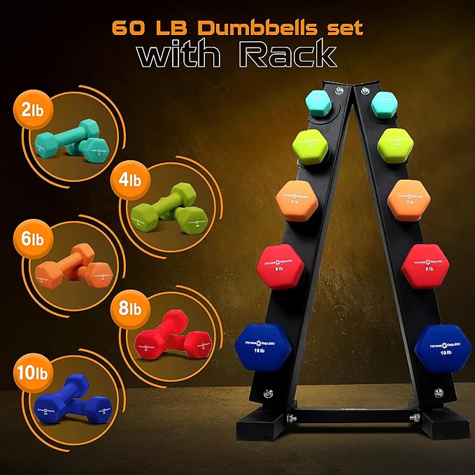 Neoprene Workout Dumbbell set with Rack 2.00MM - Non Slip, Anti Roll & Hex Shape - Fitness Dumbbells Combo, Space Saving Ideal for Home and Gym training-StrideForce Fitness