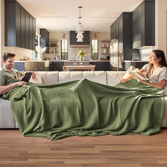 Bedsure 100% Cotton Blanket King Size for Bed - Breathable and Soft, Waffle Weave Blanket for Summer, Thick Cozy Fall Blankets for Women Gift, Olive Green, 104x90 inches-StrideForce Fitness