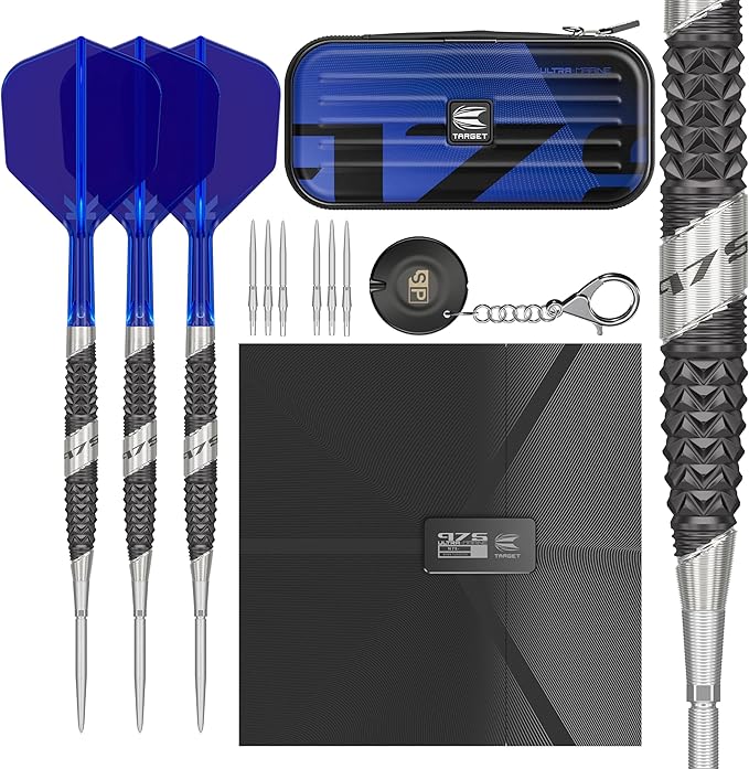 TARGET Darts 975 Ultra Marine 97.5% Tungsten Steel Tip Darts Set - Swiss Point Darts with K-Flex Integrated Flight and Shaft – Includes Dart Takoma Wallet, SP Tool, Dart Tips-StrideForce Fitness