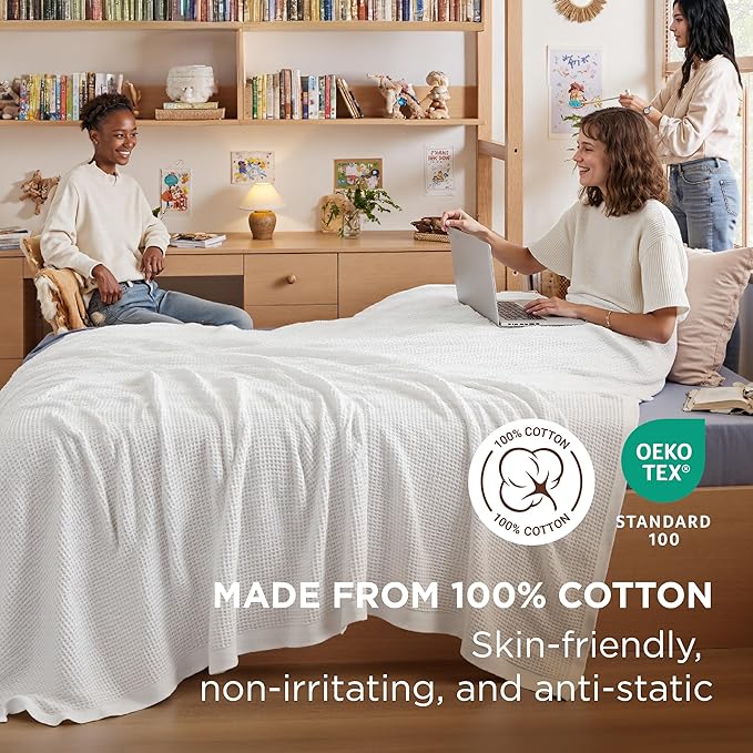 Bedsure 100% Cotton Blanket Twin XL Size for College Dorm - Breathable and Soft, Waffle Weave Twin Blanket for Summer, Dorm Room Essentials, White, 66x90 inches-StrideForce Fitness