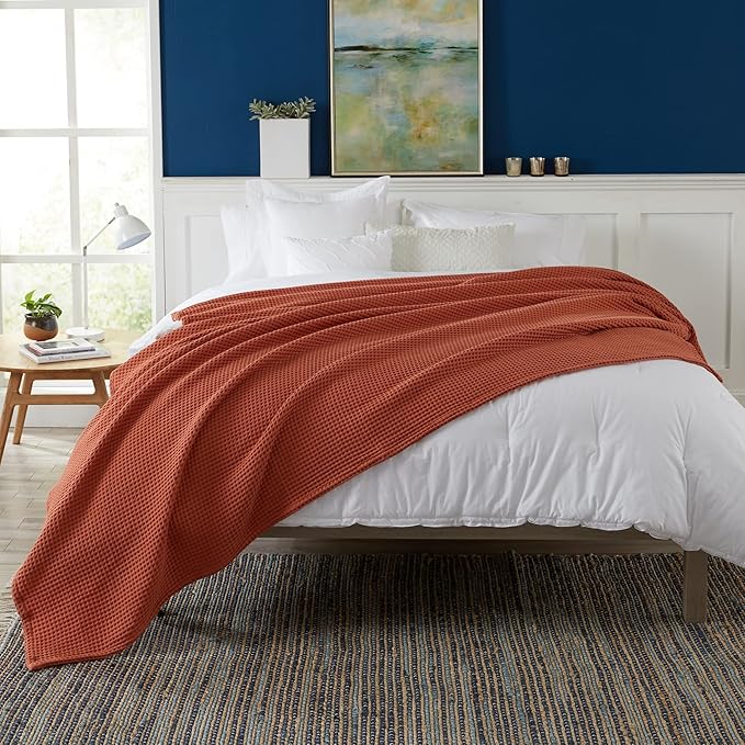 100% Cotton Waffle Weave Bed Blanket | Soft, Breathable, and Lightweight Blanket for All-Season | Perfect for Layering | Brielle Collection (Full/Queen, Burnt Orange)-StrideForce Fitness
