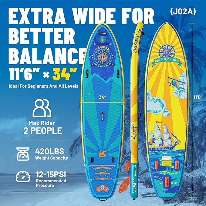 Journey 11'6" / 11'×34" / 11'×35" Extra Wide Paddle Board, One-Stop Premium SUP Board Accessories, Tailored Fins, Stable Inflatable Stand Up Paddle Boards for Youth/Adults of All Skill Levels-StrideForce Fitness