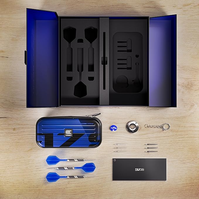 TARGET Darts 975 Ultra Marine 97.5% Tungsten Steel Tip Darts Set - Swiss Point Darts with K-Flex Integrated Flight and Shaft – Includes Dart Takoma Wallet, SP Tool, Dart Tips-StrideForce Fitness