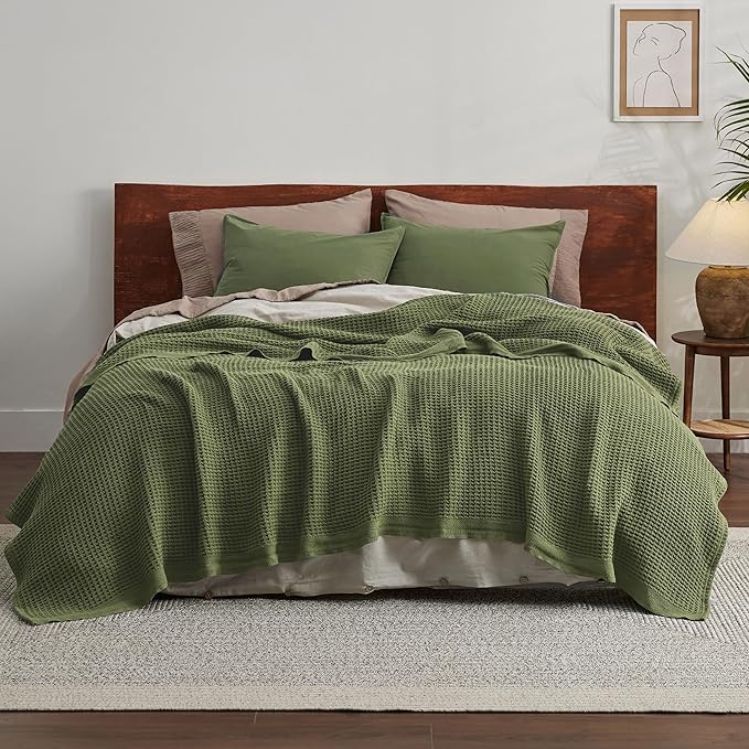 Bedsure 100% Cotton Blanket Queen Size for Bed - Breathable and Soft, Waffle Weave Blanket for Summer, Thick Cozy Fall Blankets for Women Gift, Olive Green, 90x90 Inches-StrideForce Fitness