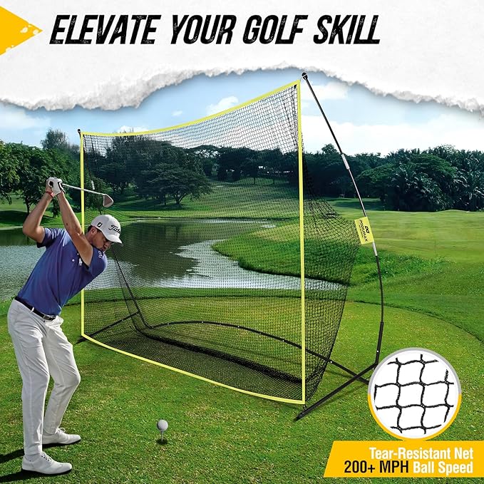 PodiuMax Golf Net, 10x7ft Golf Practice Net with Noise Reduce Silk Target Driving Real Balls, Hitting Nets for Backyard Garage, Improve Chipping Putting Pitching, Gift for Men & Golfers-StrideForce Fitness